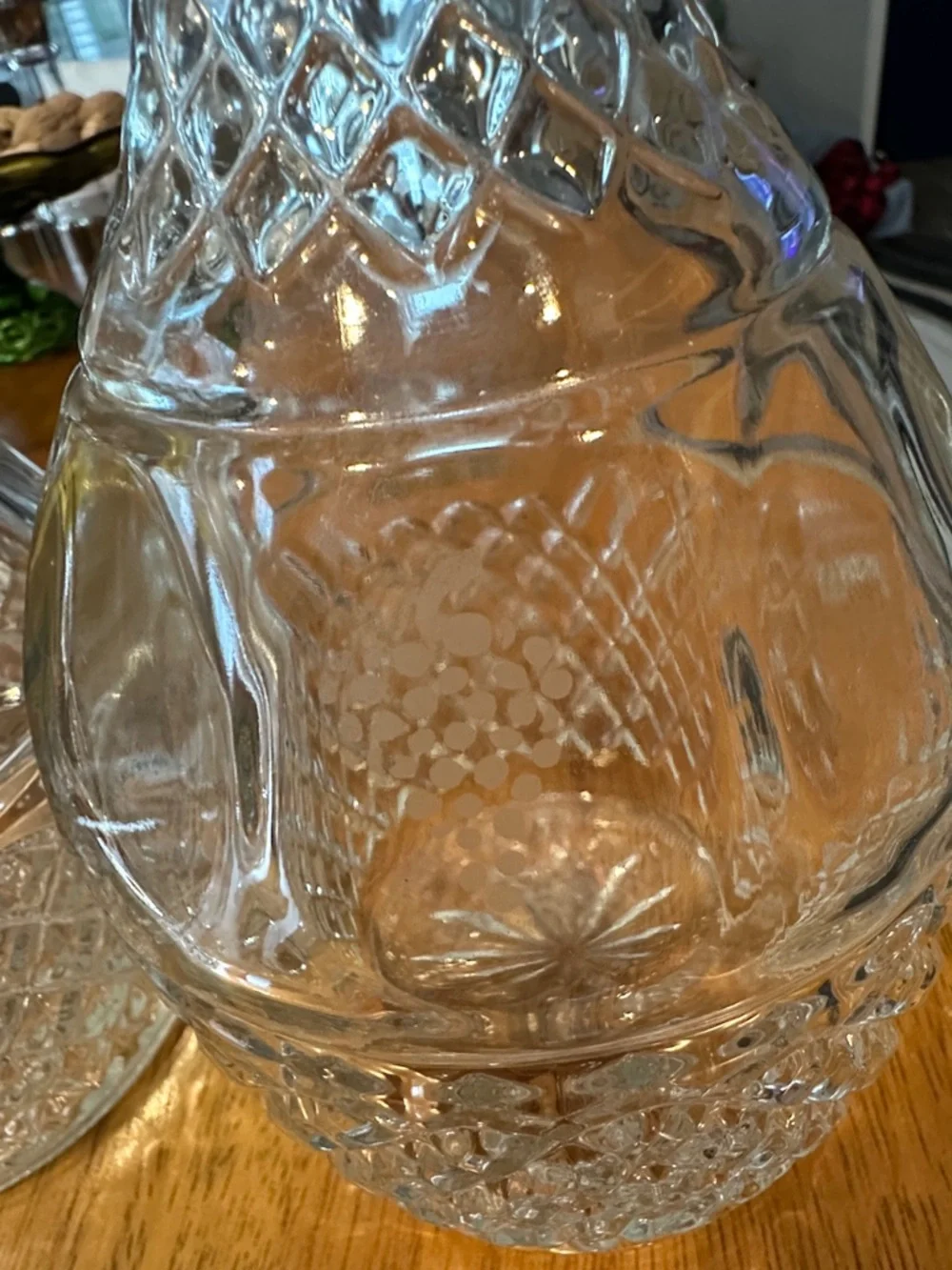 Vintage Royal Crown decanters w/ original stoppers. Etched grape & crown design